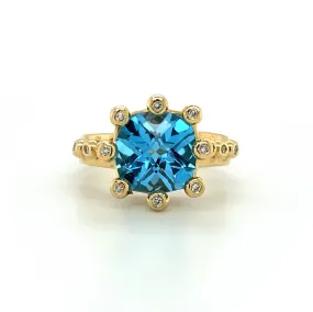 14K Swiss Blue Topaz and Diamond Crown Ring