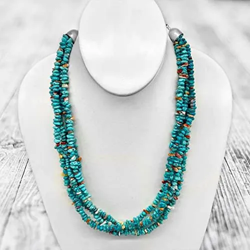 18-22 inch, 5 Strand, Genuine Turquoise and Shell Necklace, Authentic Navajo Native American USA Handmade in New Mexico, Sterling Silver