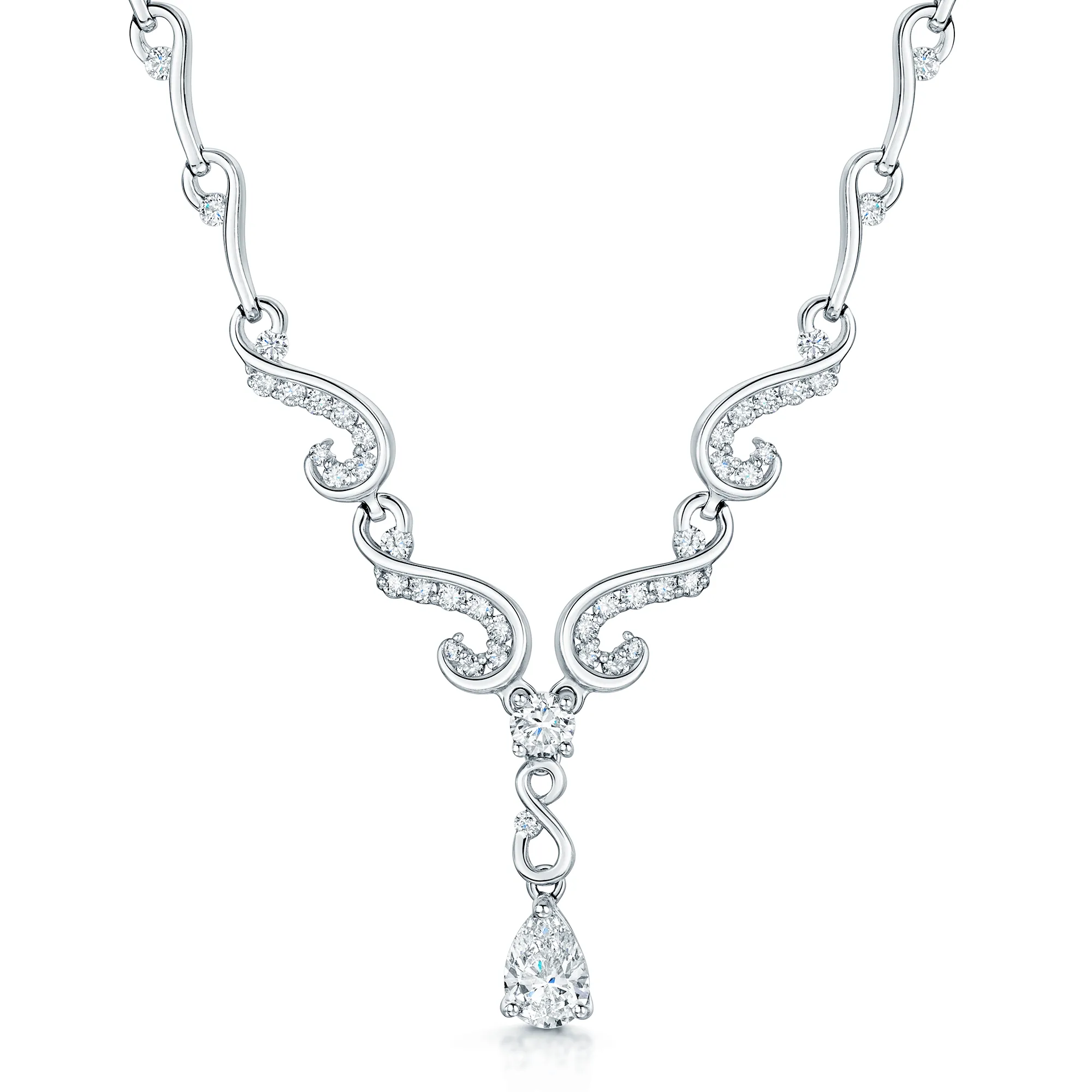 18ct White Gold Diamond Set Fancy Collarette Style Drop Necklace