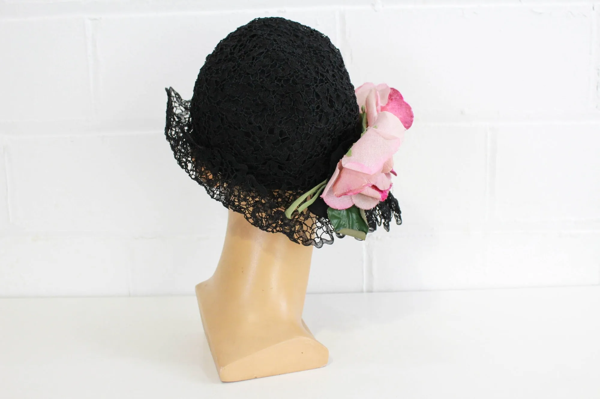 1920s Reproduction Black Horsehair Lace Hat with Pink Velvet Flowers