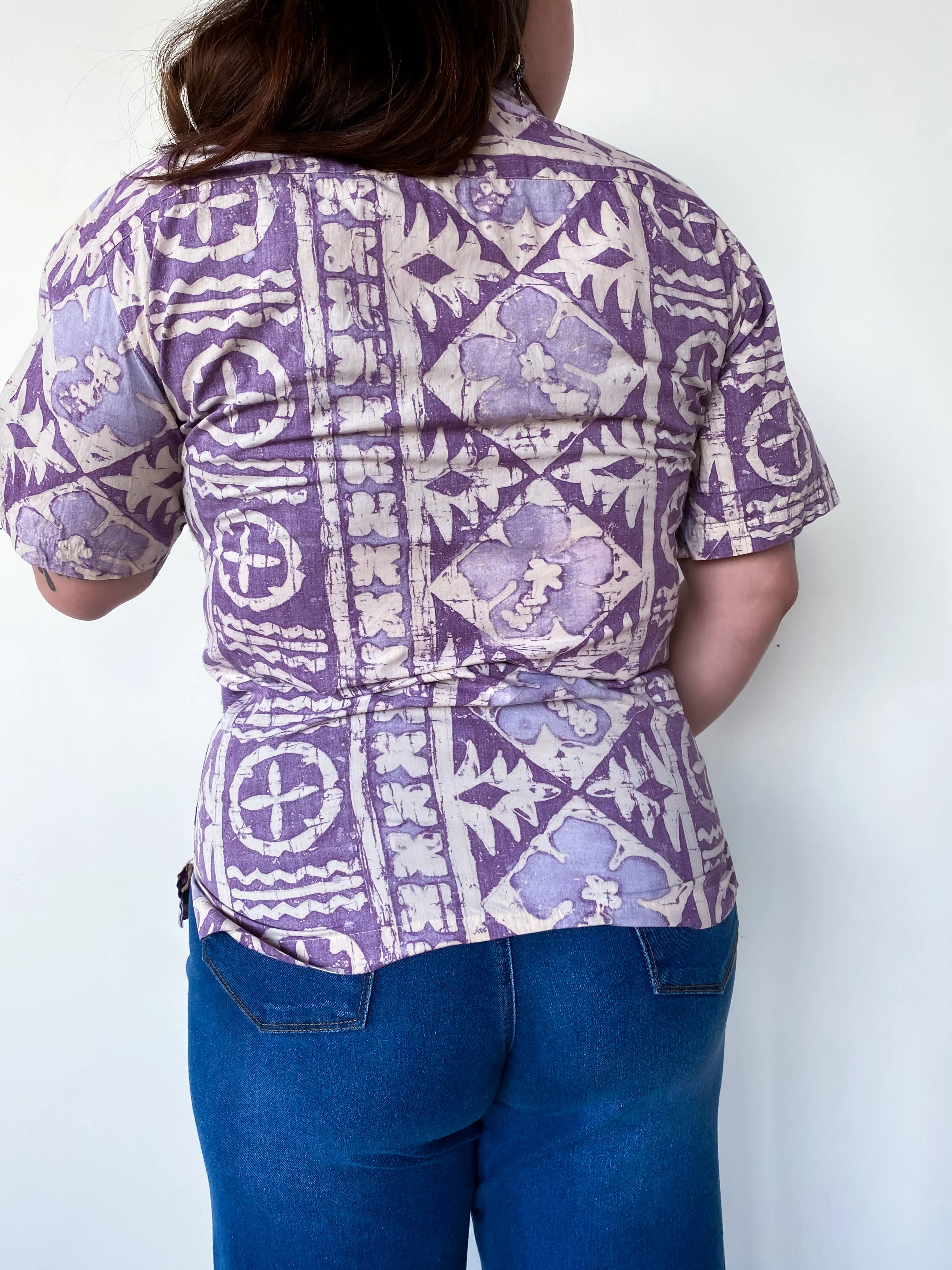 1990s Purple Tropical Button Down, sz. XL