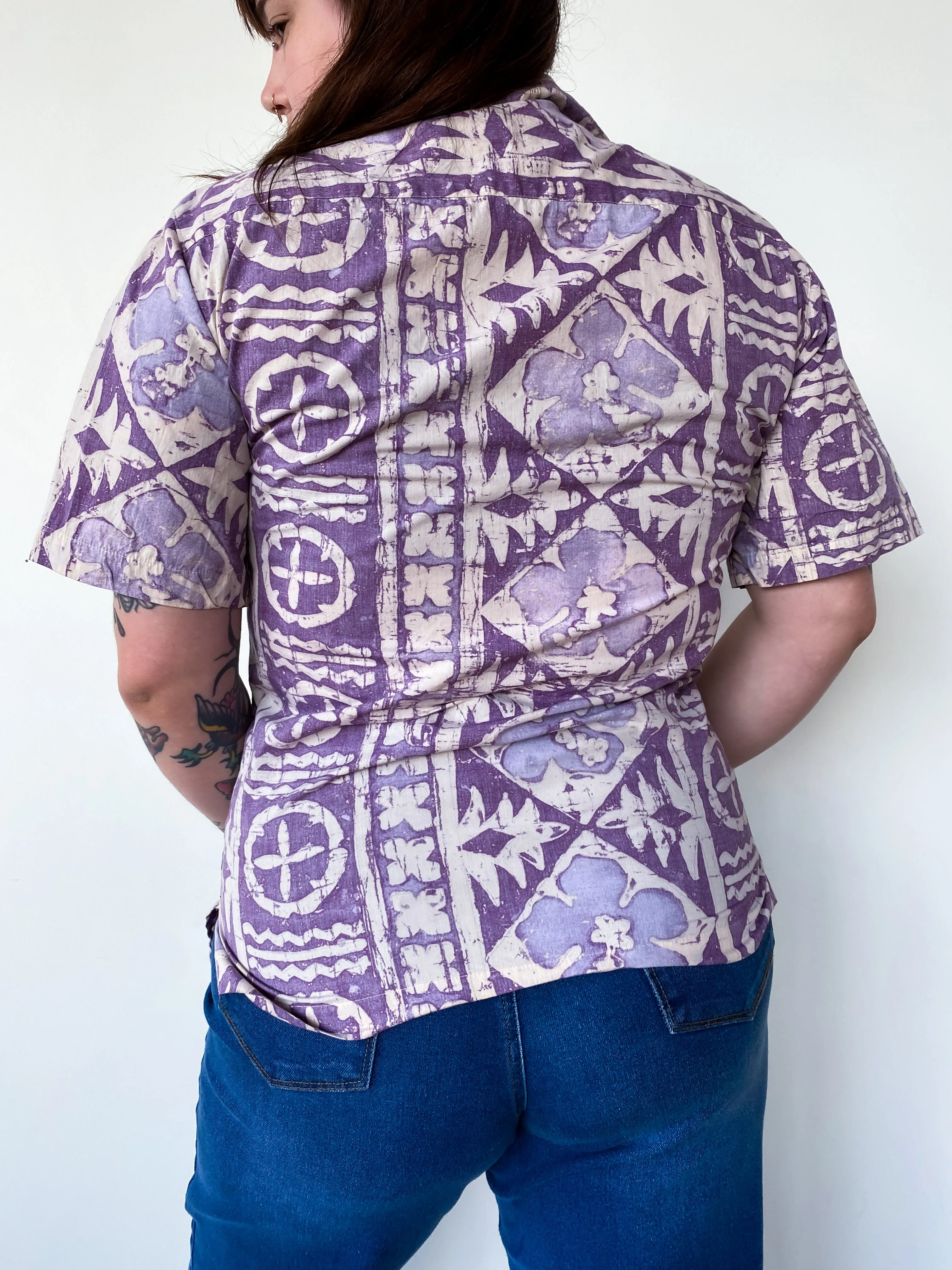 1990s Purple Tropical Button Down, sz. XL