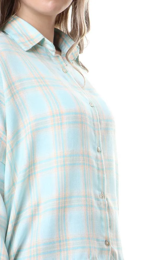 57077 High-Low Loose Tartan Aqua Casual Shirt