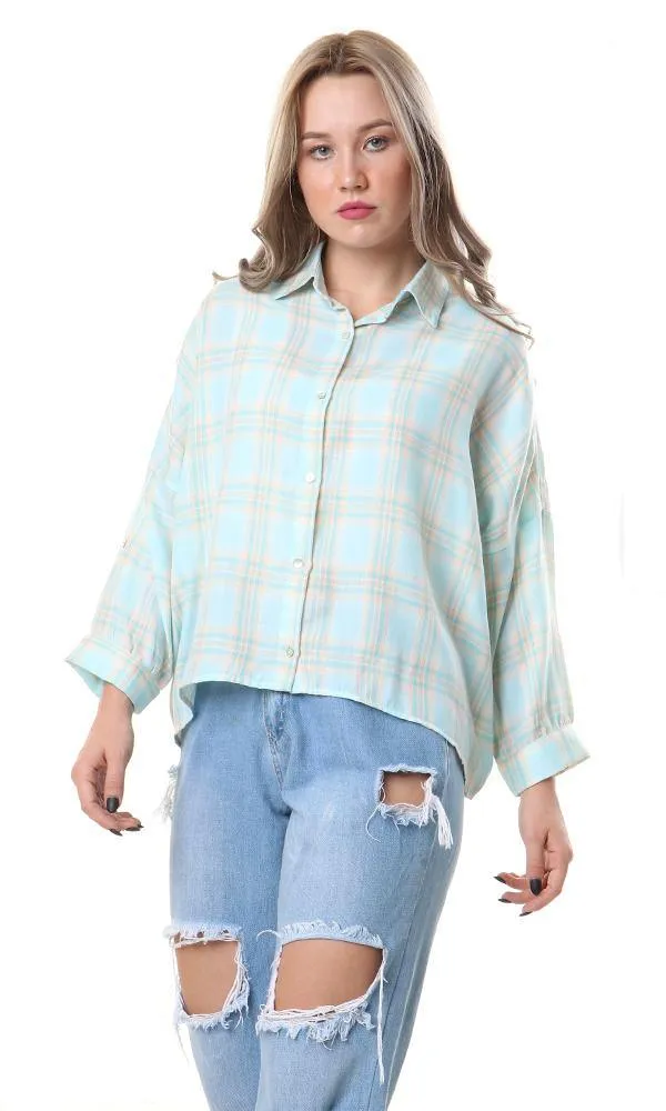 57077 High-Low Loose Tartan Aqua Casual Shirt