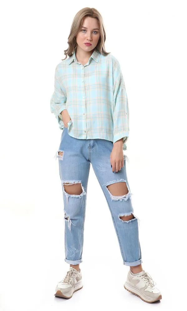 57077 High-Low Loose Tartan Aqua Casual Shirt