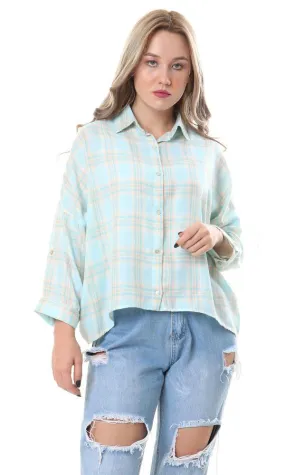 57077 High-Low Loose Tartan Aqua Casual Shirt