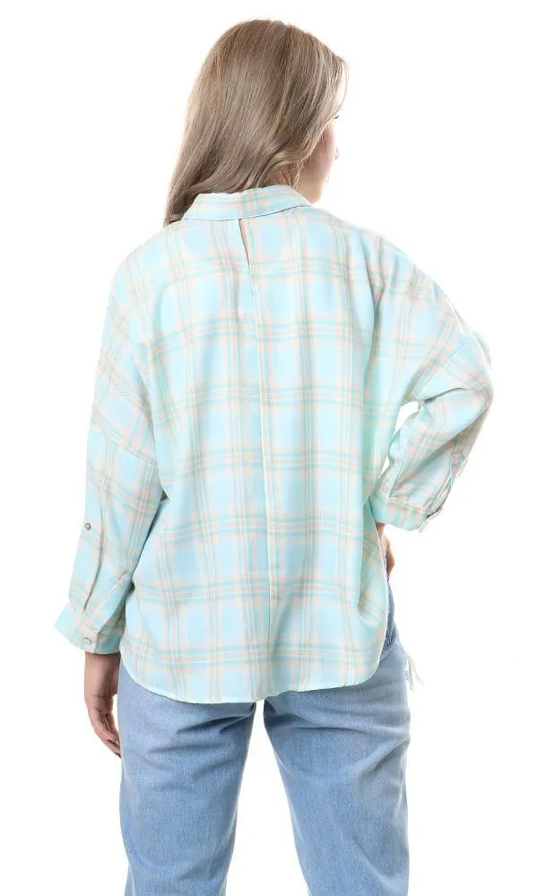 57077 High-Low Loose Tartan Aqua Casual Shirt