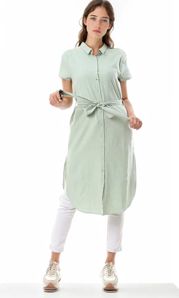 57258 Self Horizontal Stripe Side Slitted Mint Green Long Shirt