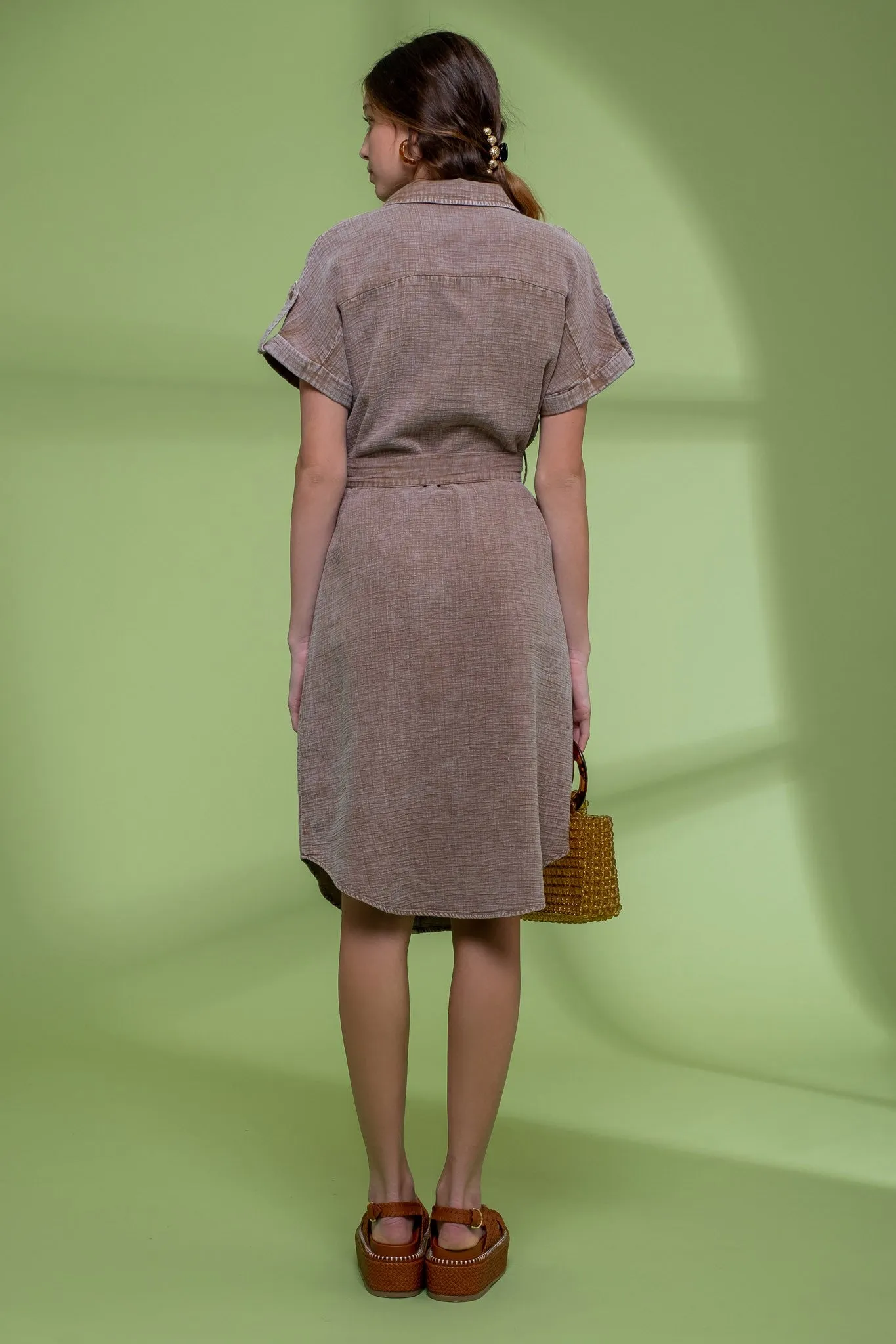 Acid Wash Button Down Dress in Mocha