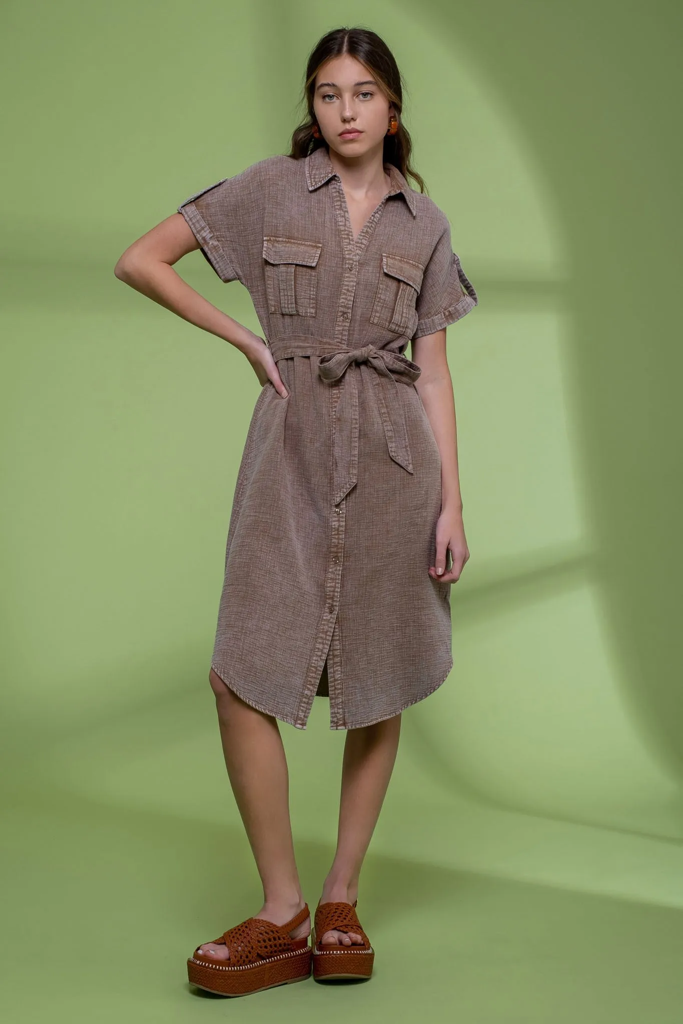 Acid Wash Button Down Dress in Mocha