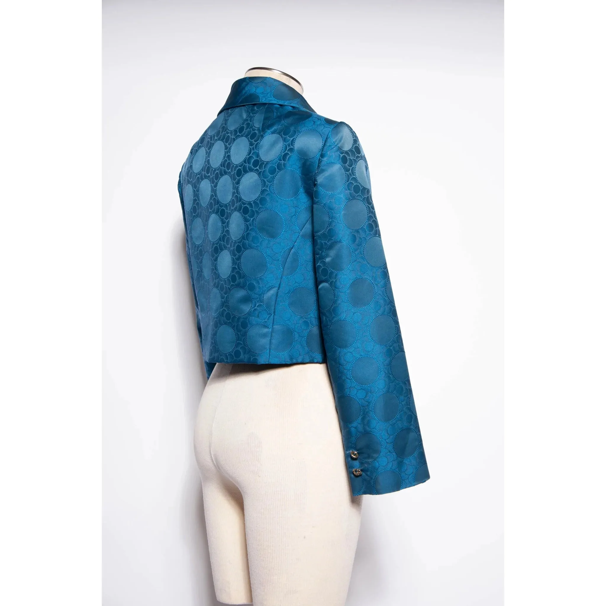 ADELE SIMPSON Vintage 1960s Blue Silk Jacquard Polka Dot Cropped Jacket | M/L