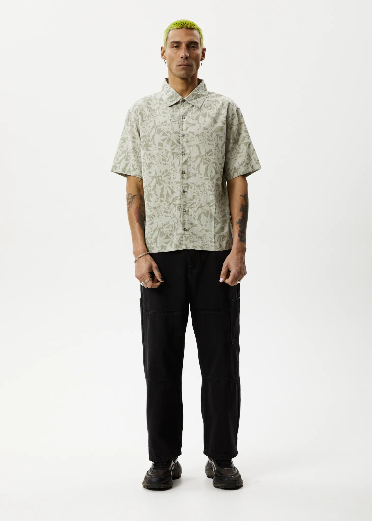 AFENDS Mens Bouquet - Short Sleeve Shirt - Olive Floral