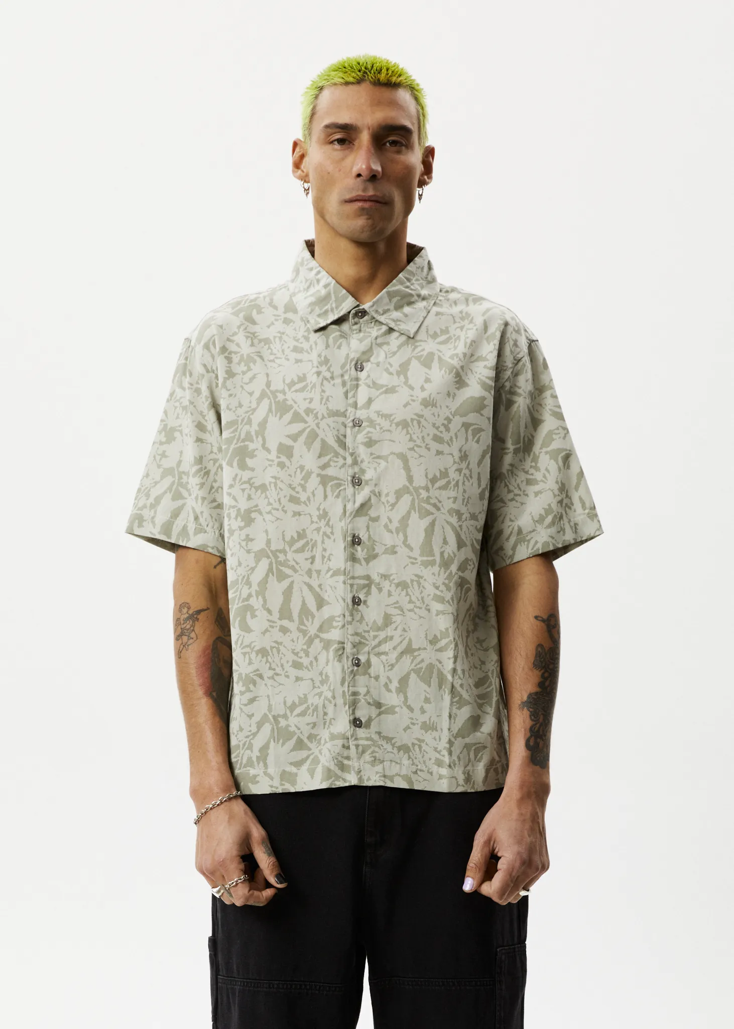 AFENDS Mens Bouquet - Short Sleeve Shirt - Olive Floral