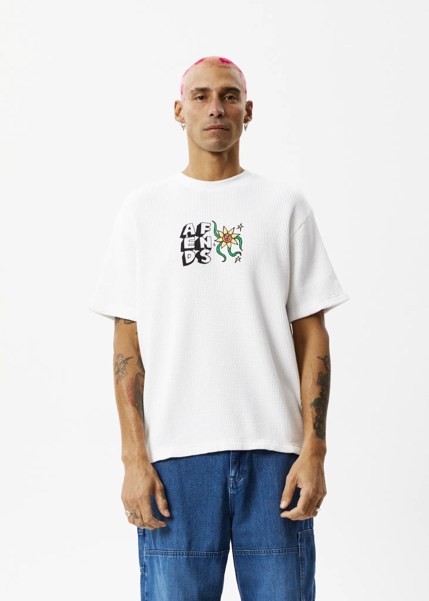 AFENDS Mens Flowerbed - Waffle Retro T-Shirt - Off White