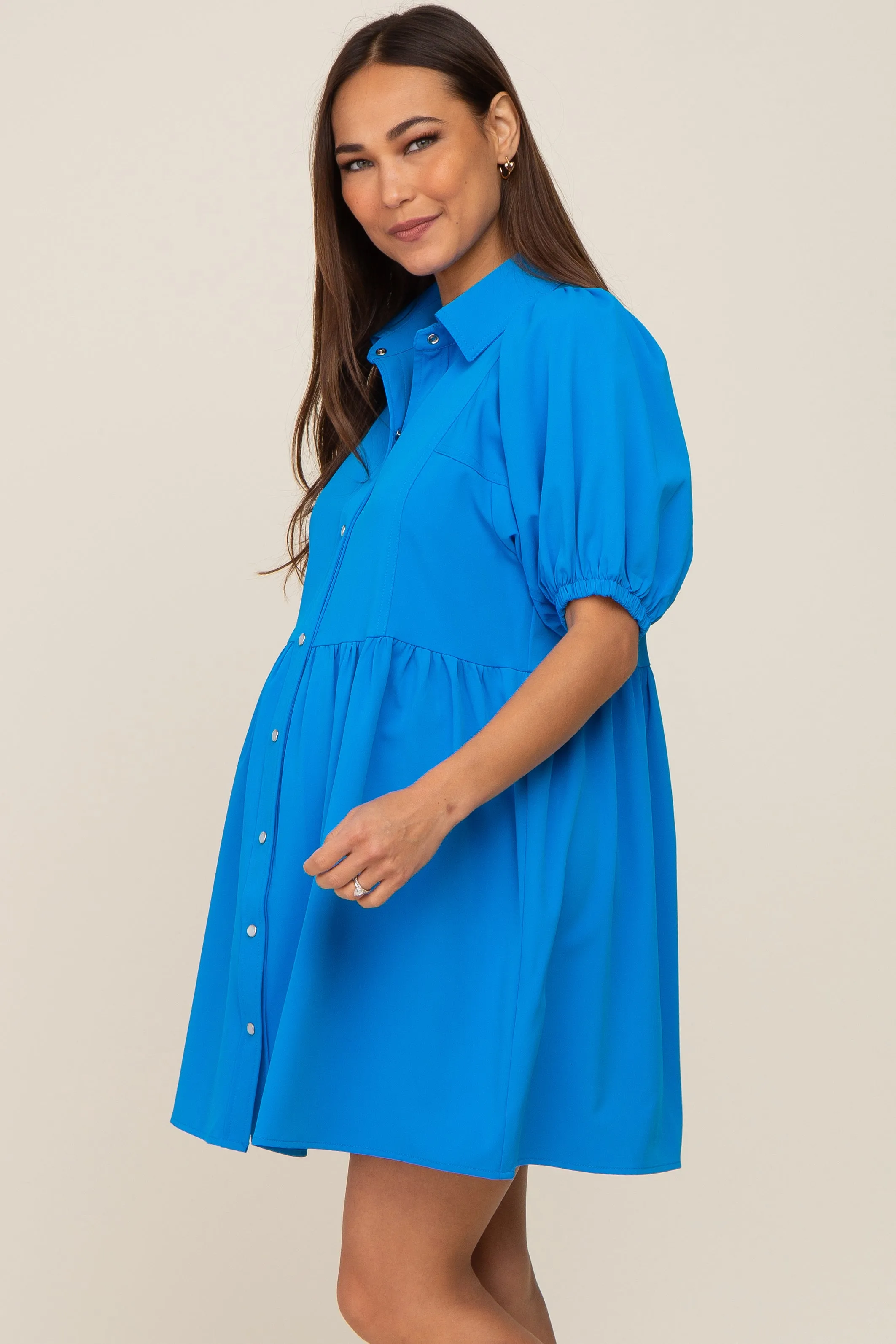 Aqua Button Down Maternity Mini Dress