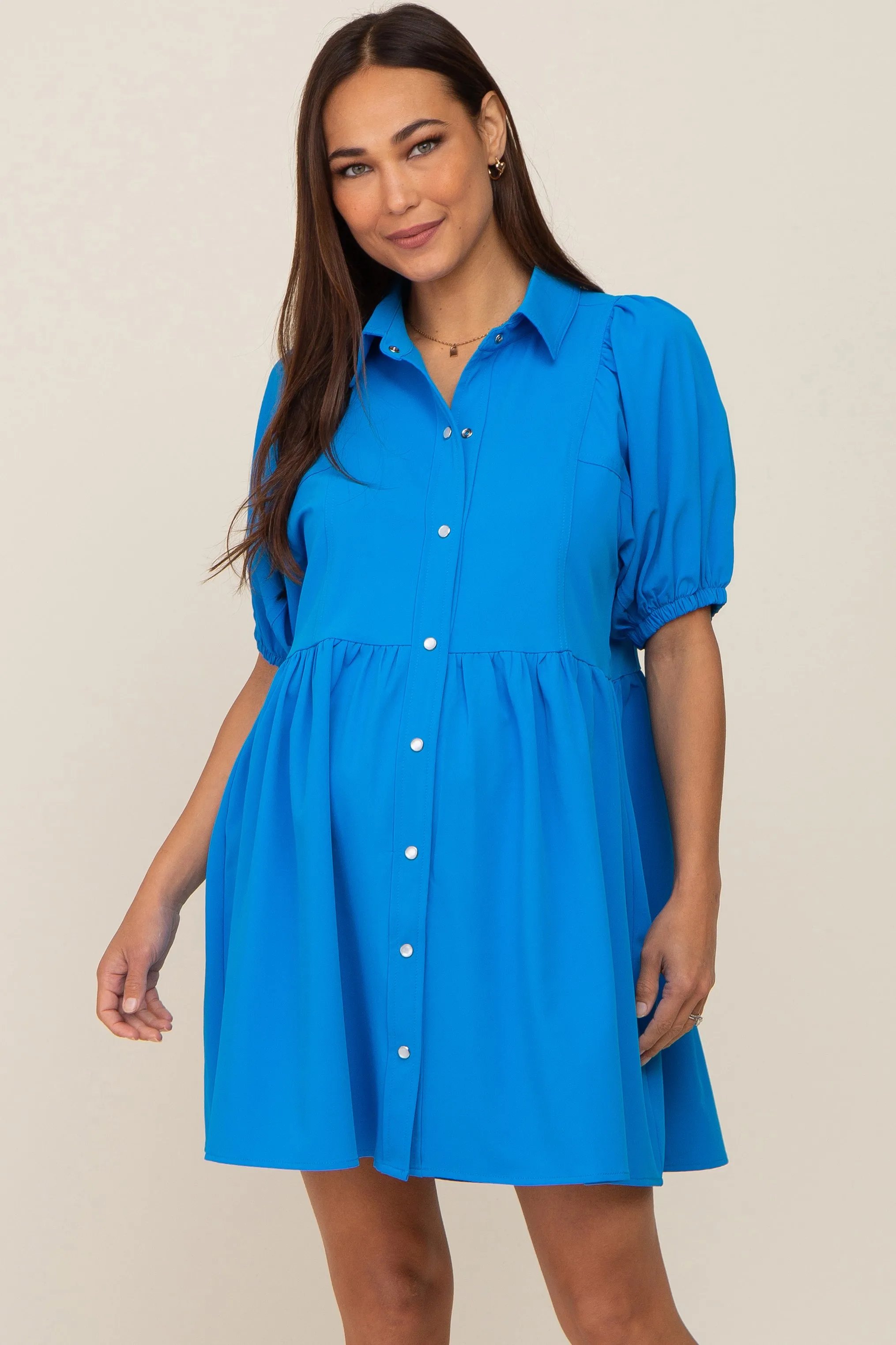 Aqua Button Down Maternity Mini Dress