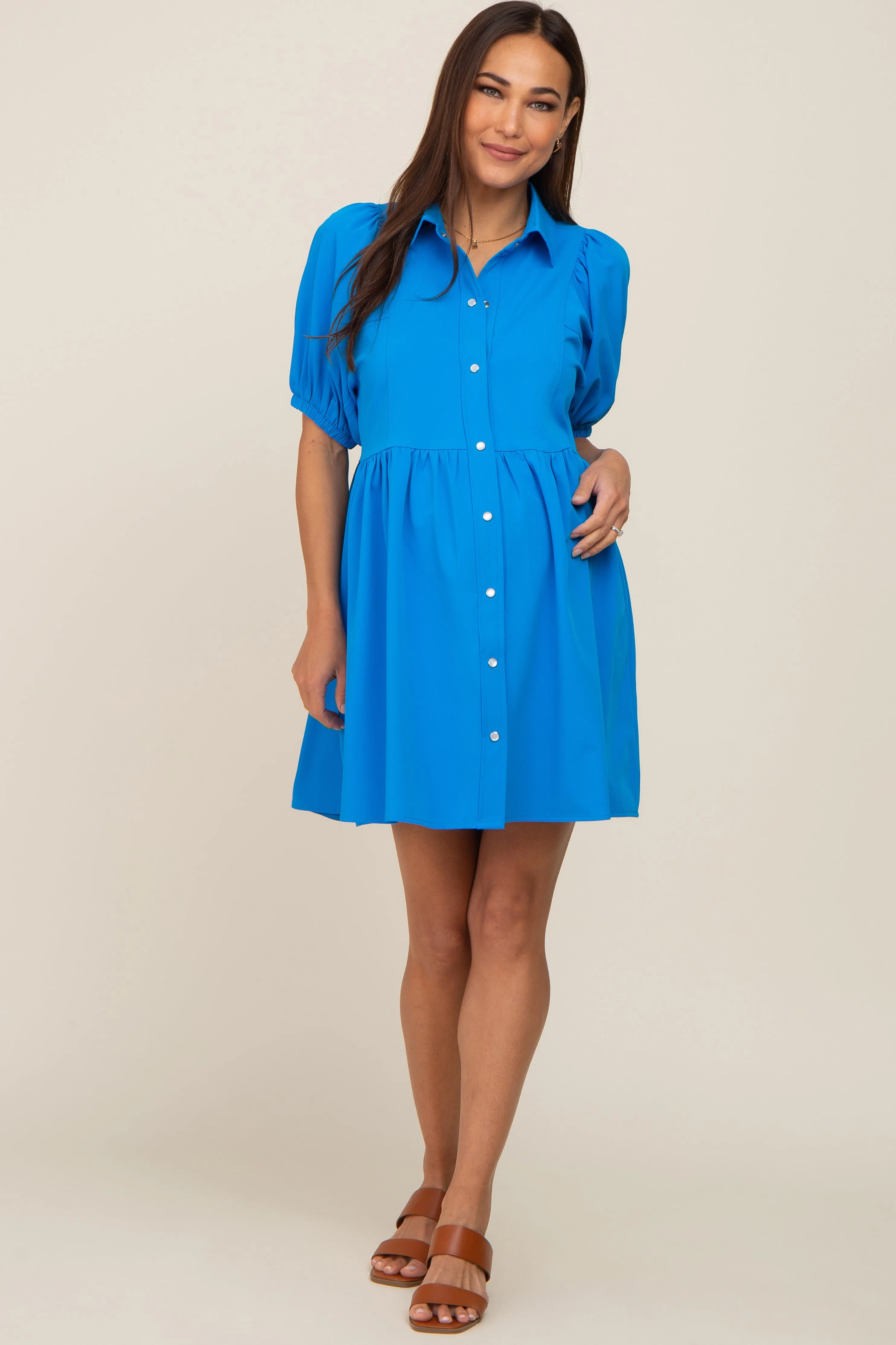 Aqua Button Down Maternity Mini Dress