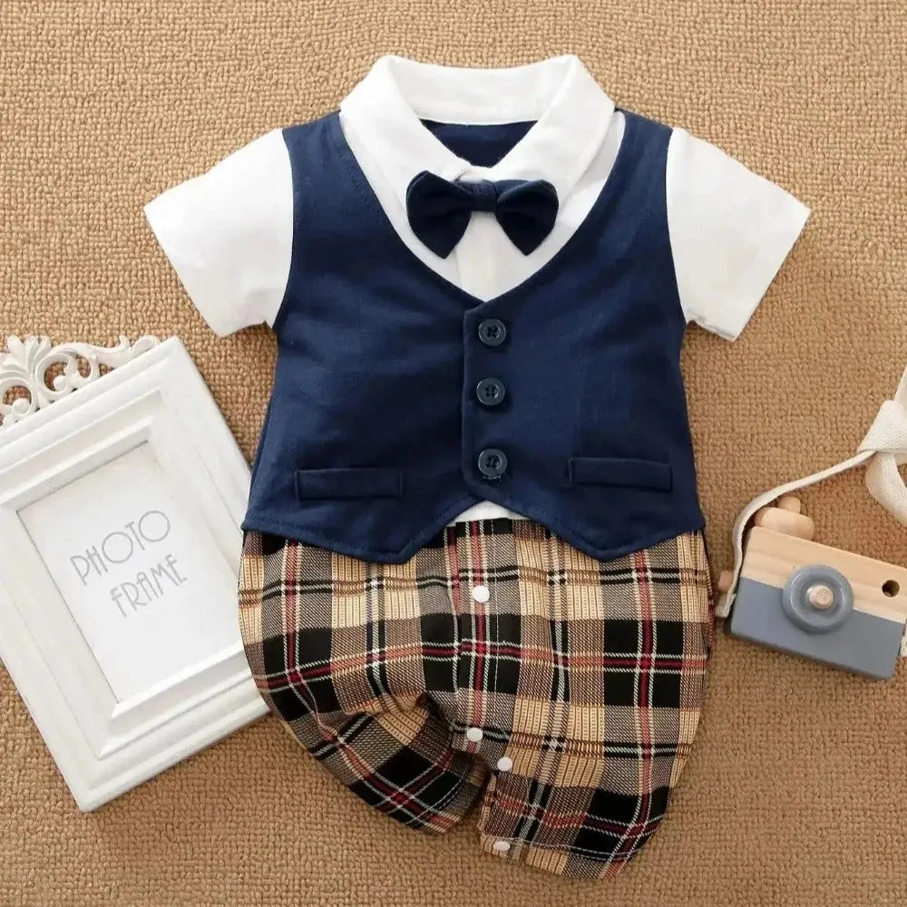 Baby Boys Gentleman Short Sleeve Plaid Jumpsuit