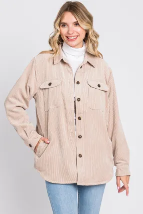 Beige Corduroy Plaid Fleece Lined Button Down Shacket