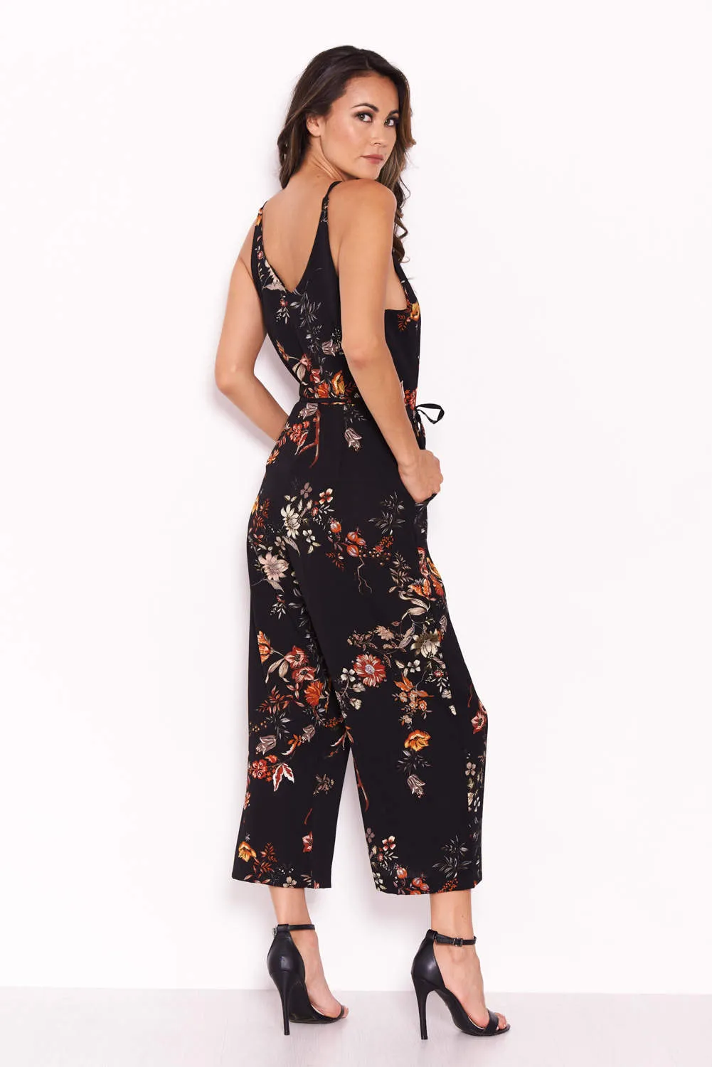 Black Floral V Neck Jumpsuit