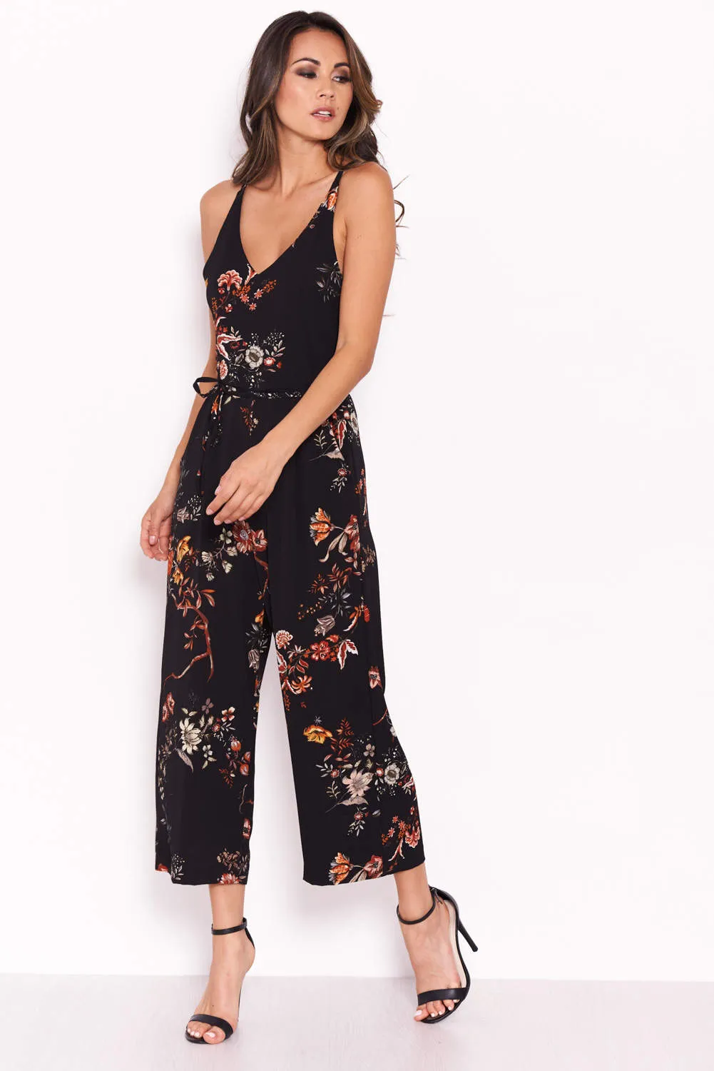 Black Floral V Neck Jumpsuit