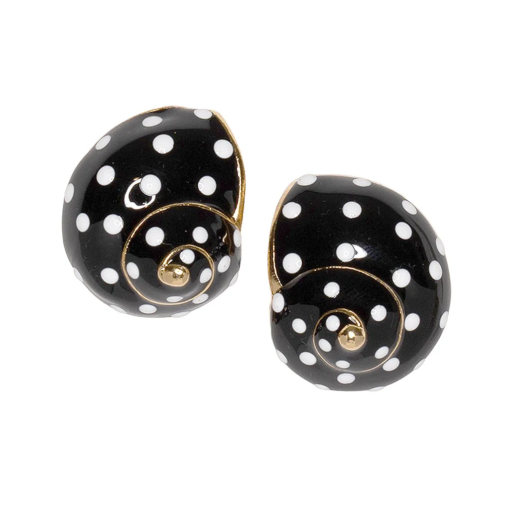 Black with White Dots Shell Clip Earrings