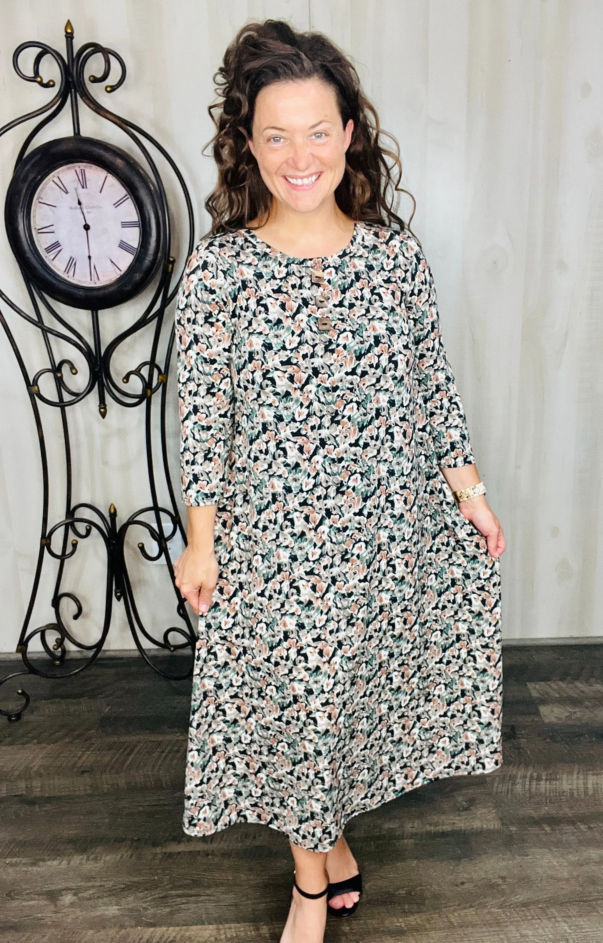 Brenda Taupe Floral & Buttons Dress