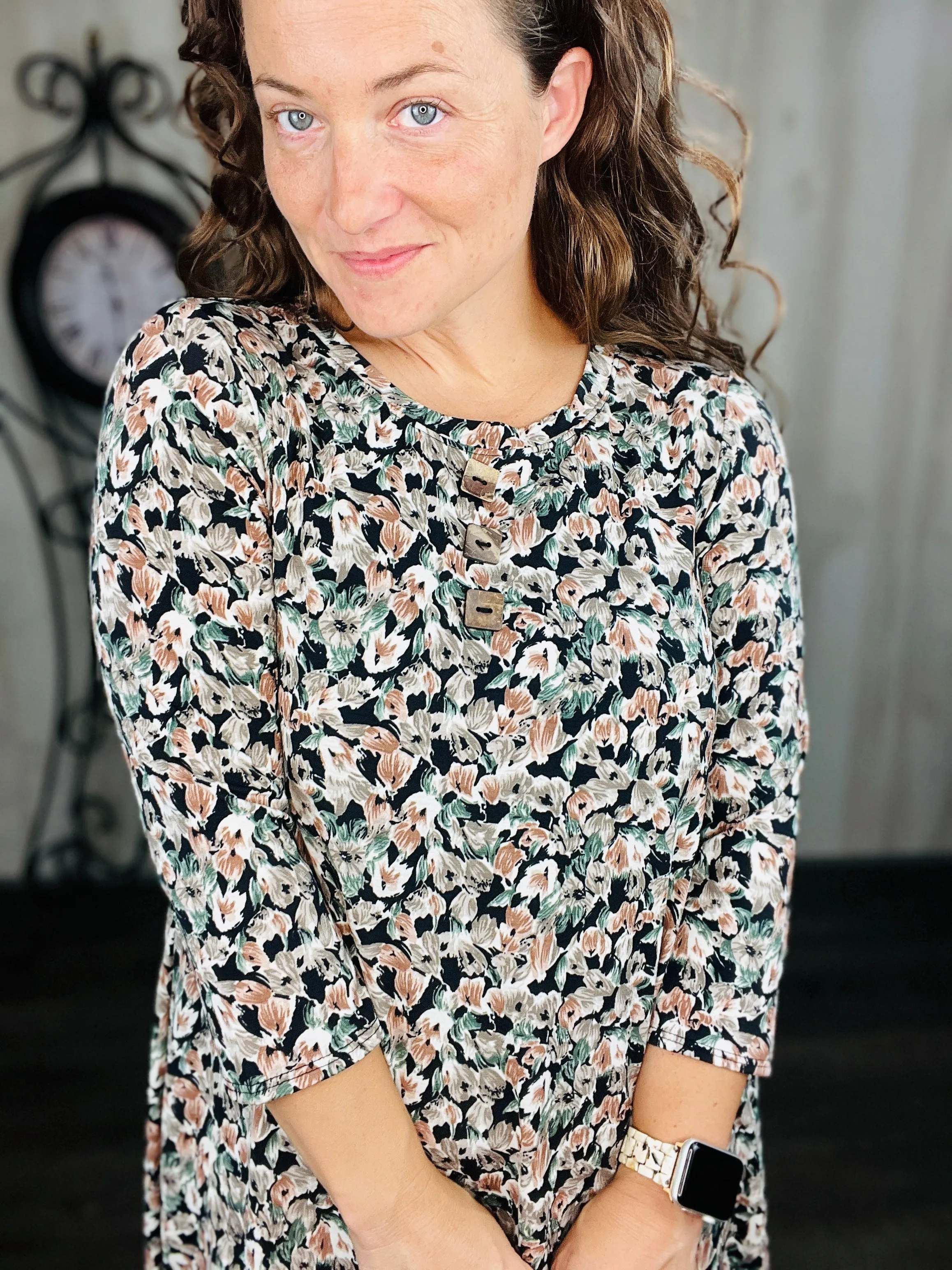 Brenda Taupe Floral & Buttons Dress