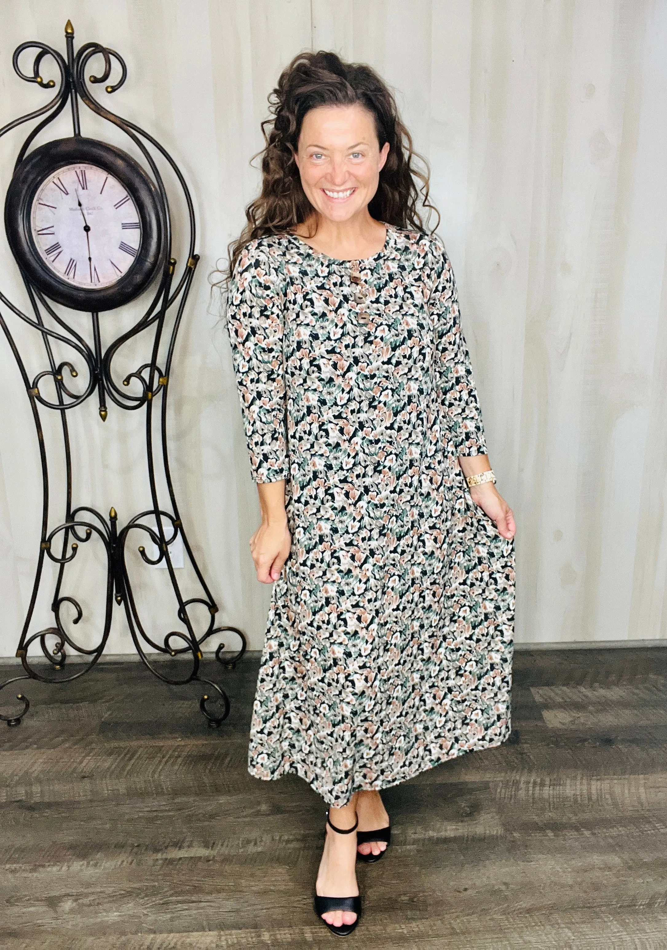 Brenda Taupe Floral & Buttons Dress