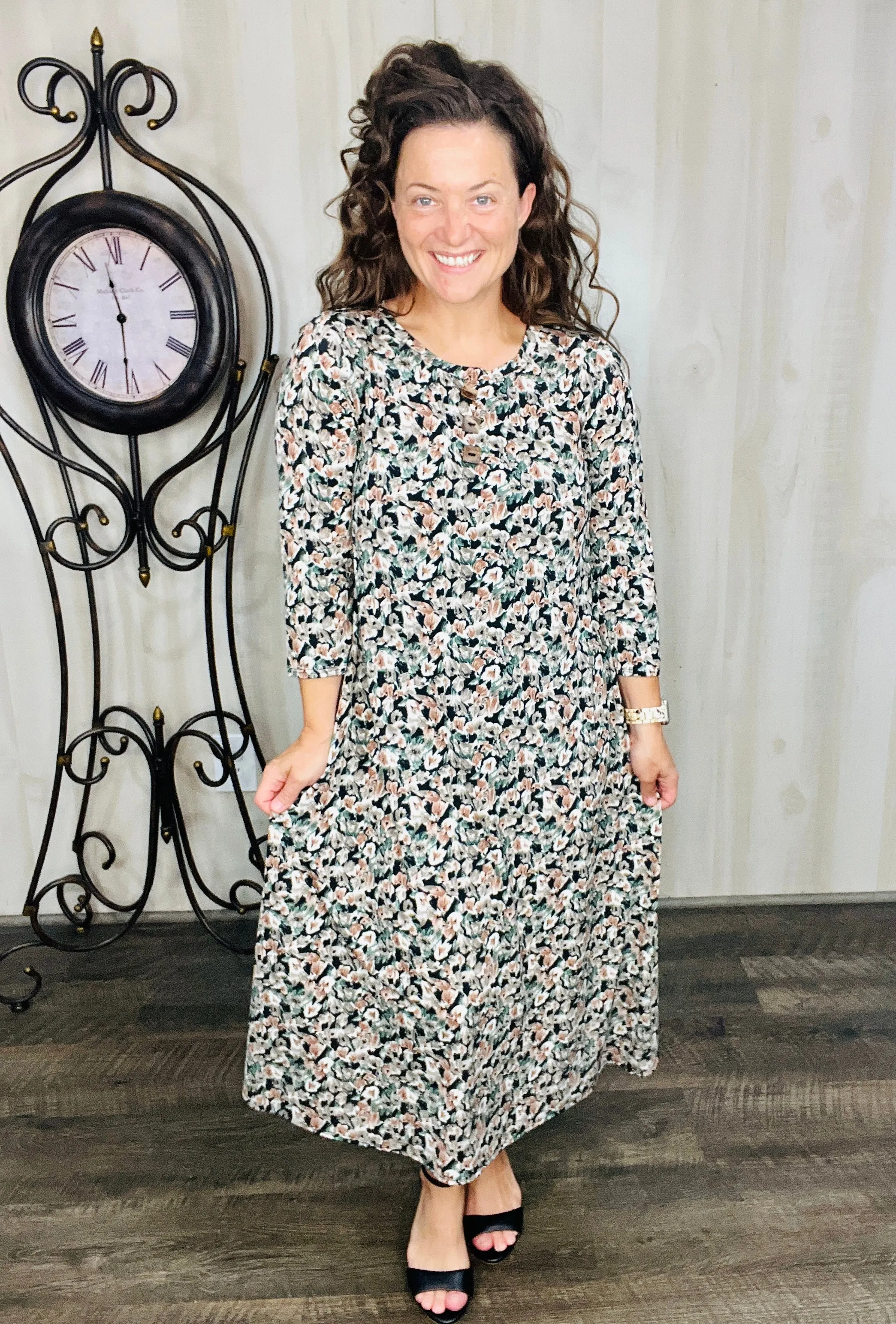 Brenda Taupe Floral & Buttons Dress