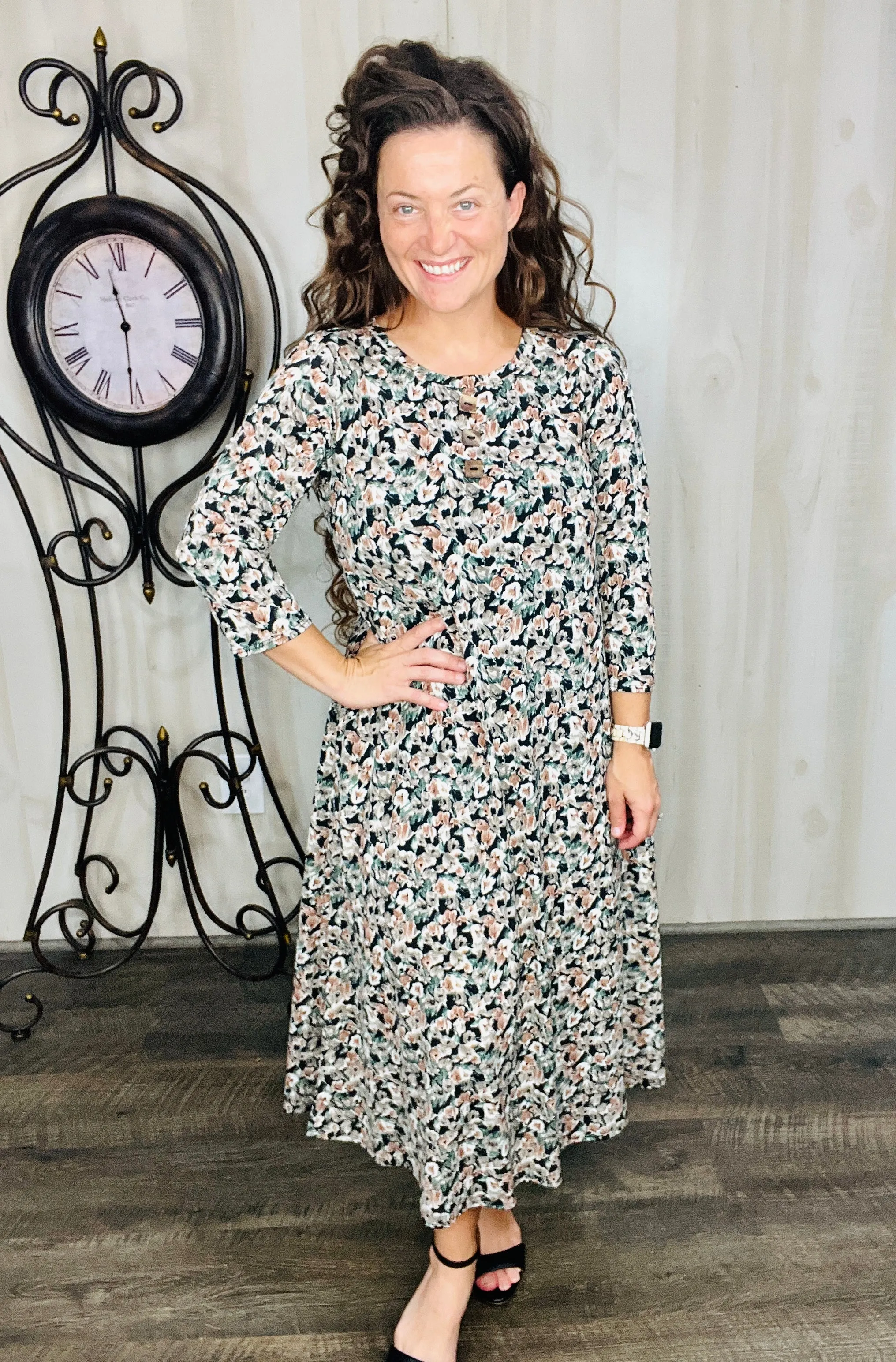 Brenda Taupe Floral & Buttons Dress