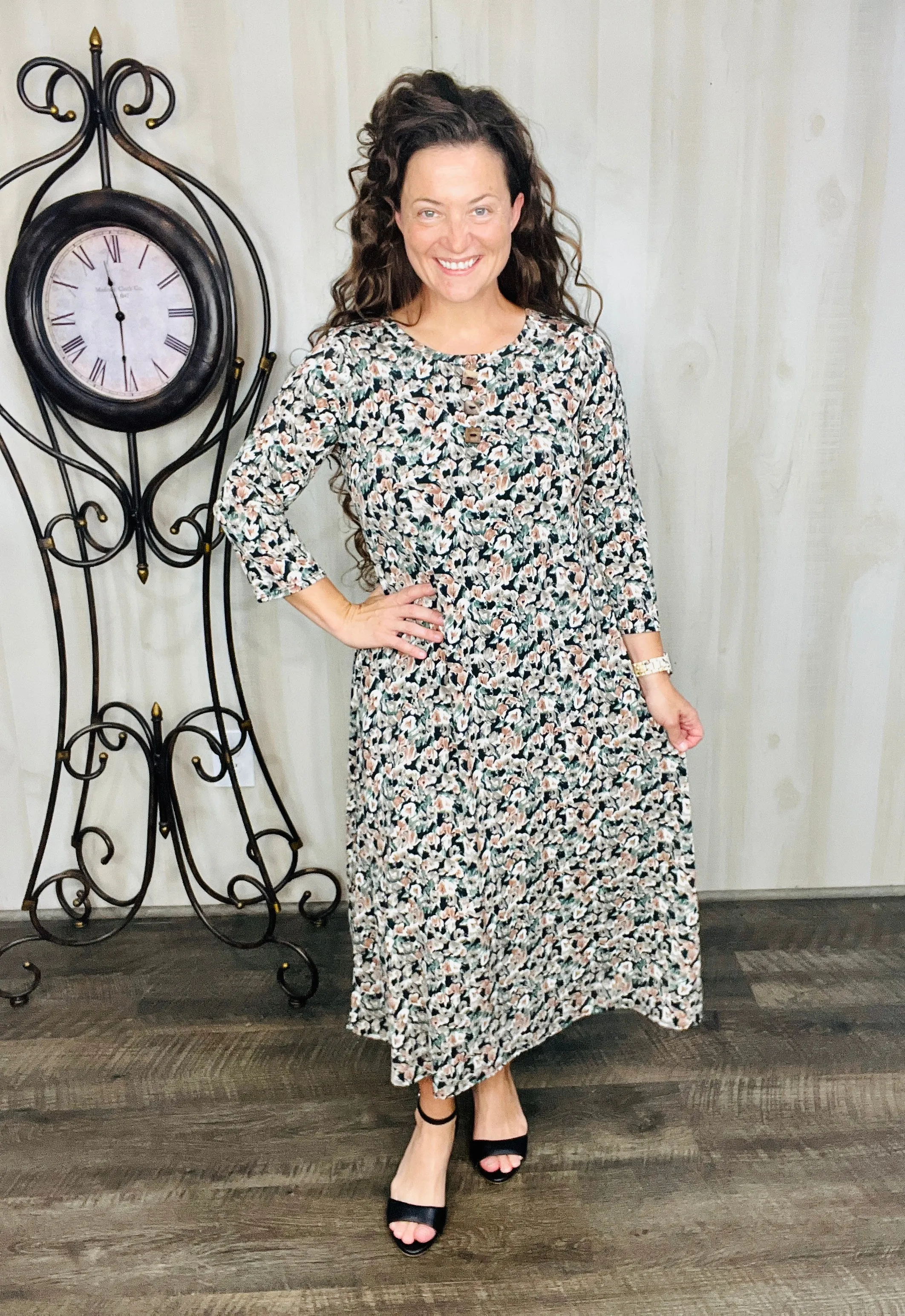 Brenda Taupe Floral & Buttons Dress