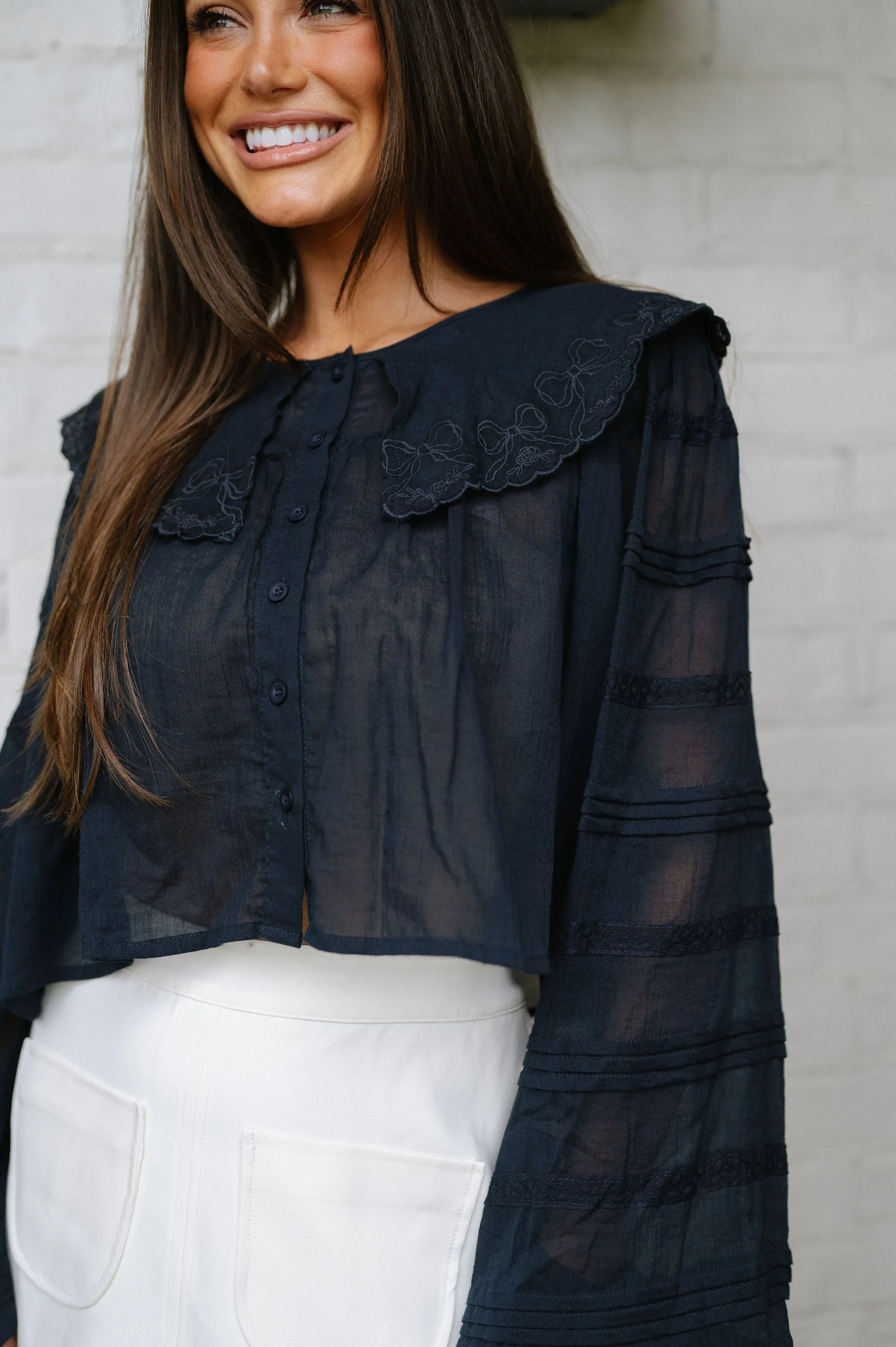 Brighton Embroidered Blouse- Navy