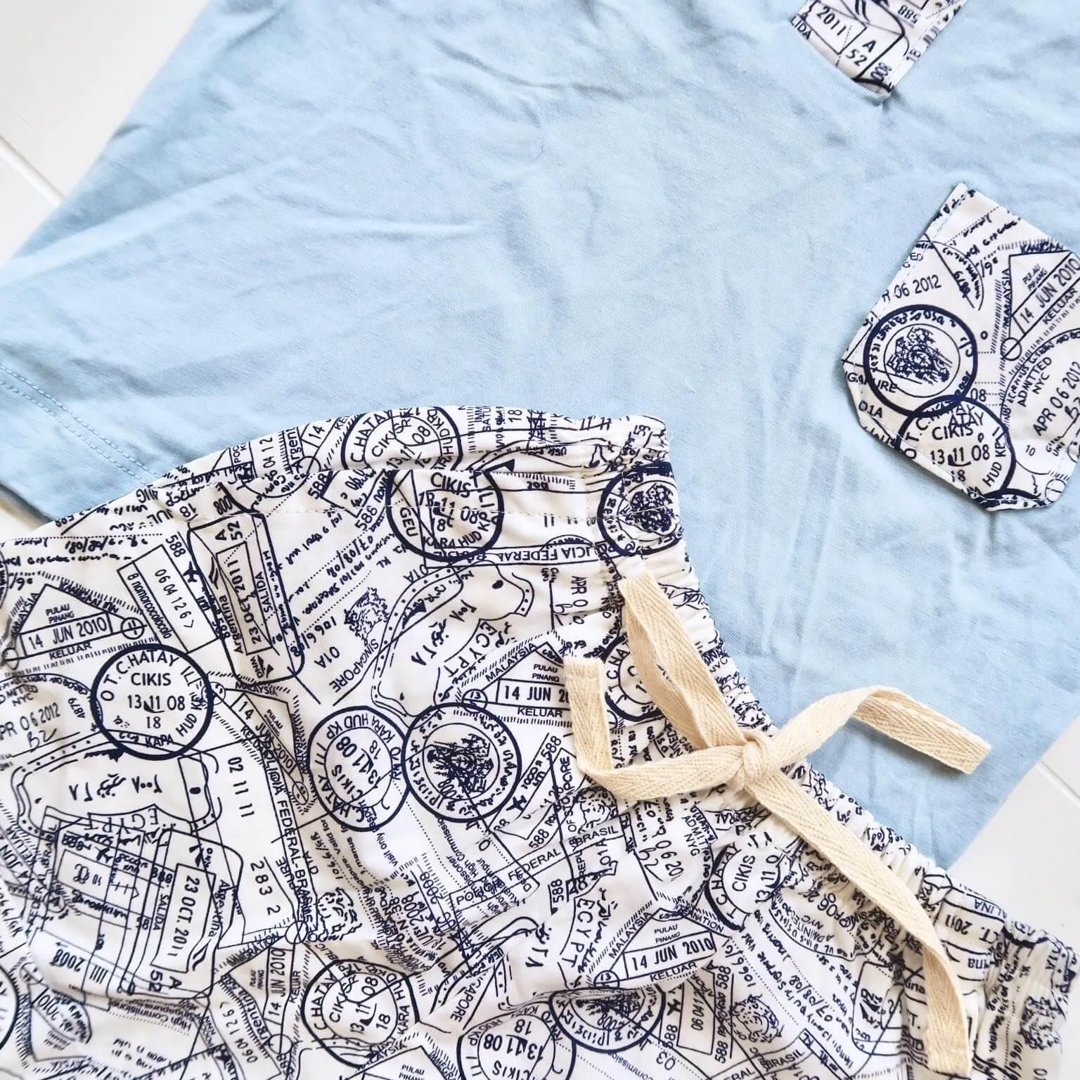 Caper Top & Shorts in Mail Stamps and Light Blue Stretch