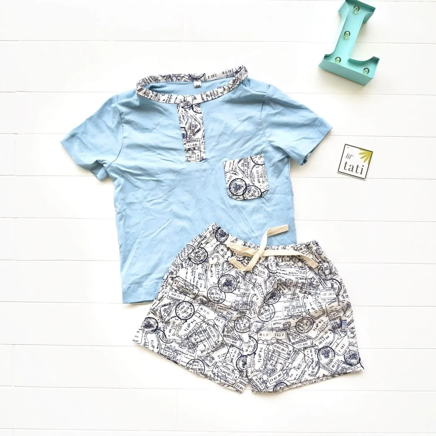 Caper Top & Shorts in Mail Stamps and Light Blue Stretch