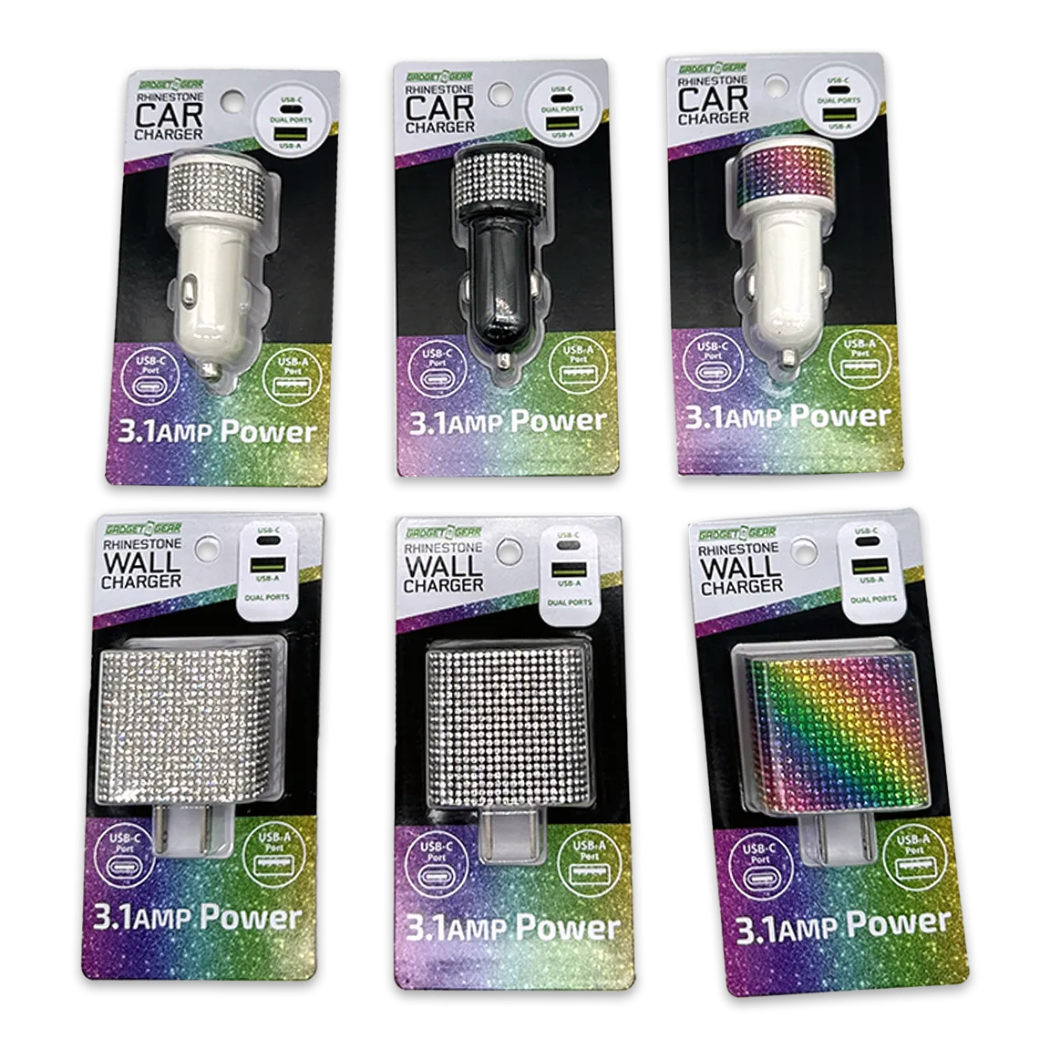 Car Charger and Wall Charger Dual Port USB / USB-C Rhinestone Assortment - 6 Pieces Per Retail Ready Display 88502