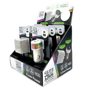 Car Charger and Wall Charger Dual Port USB / USB-C Rhinestone Assortment - 6 Pieces Per Retail Ready Display 88502