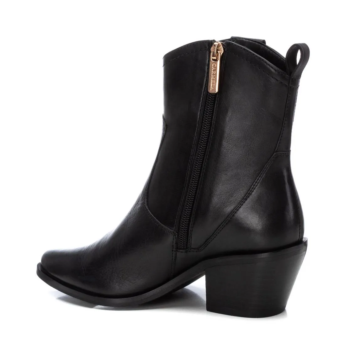 CARMELA Black Leather Western Ankle Boot