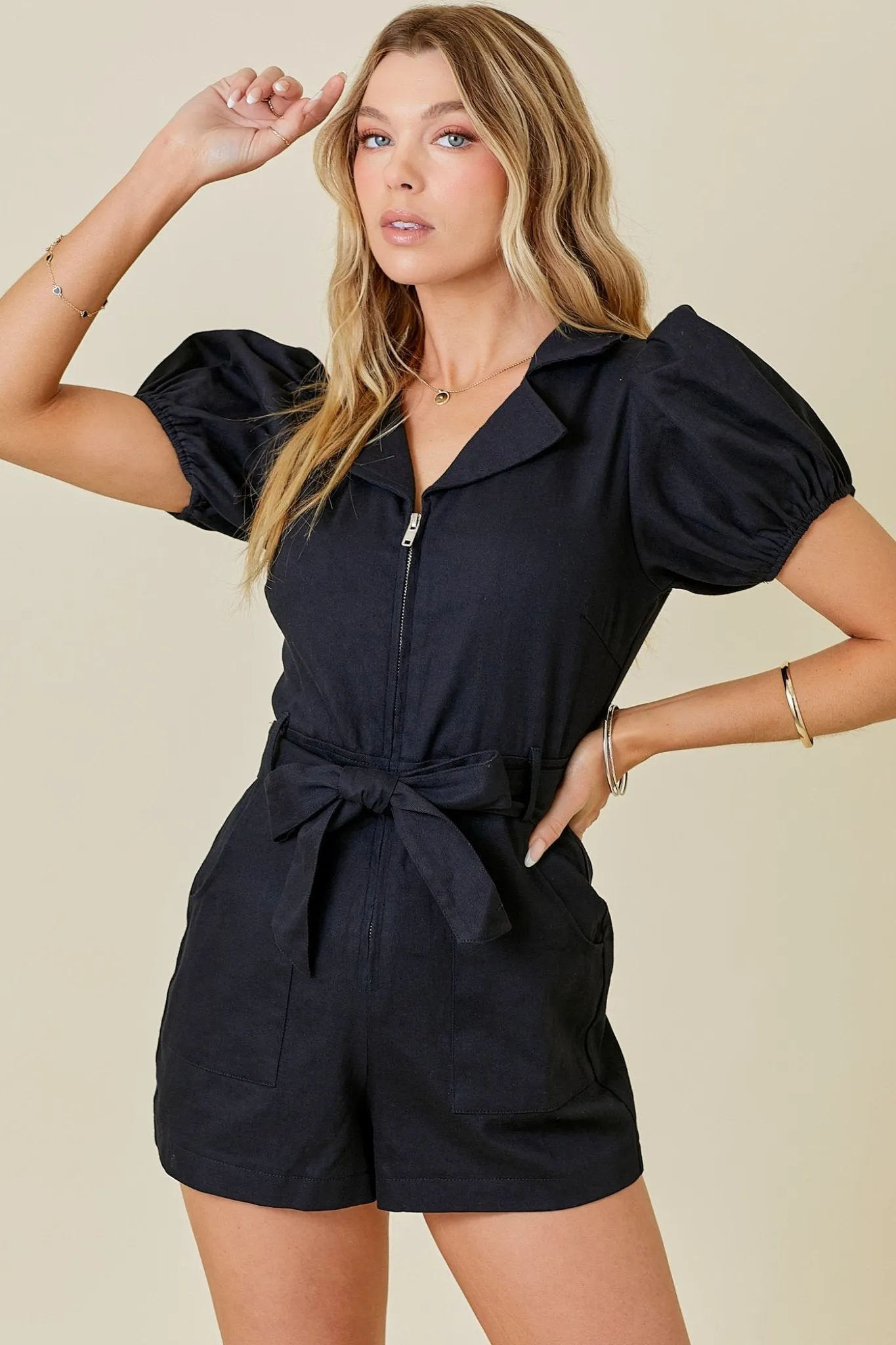 Charlesy Puff sleeve Denim Romper