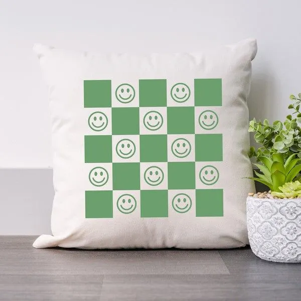 Checkerboard Smiley Pillow Cover in Green