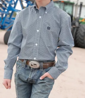 Cinch Boys Long Sleeve Blue Geometric Print Shirt