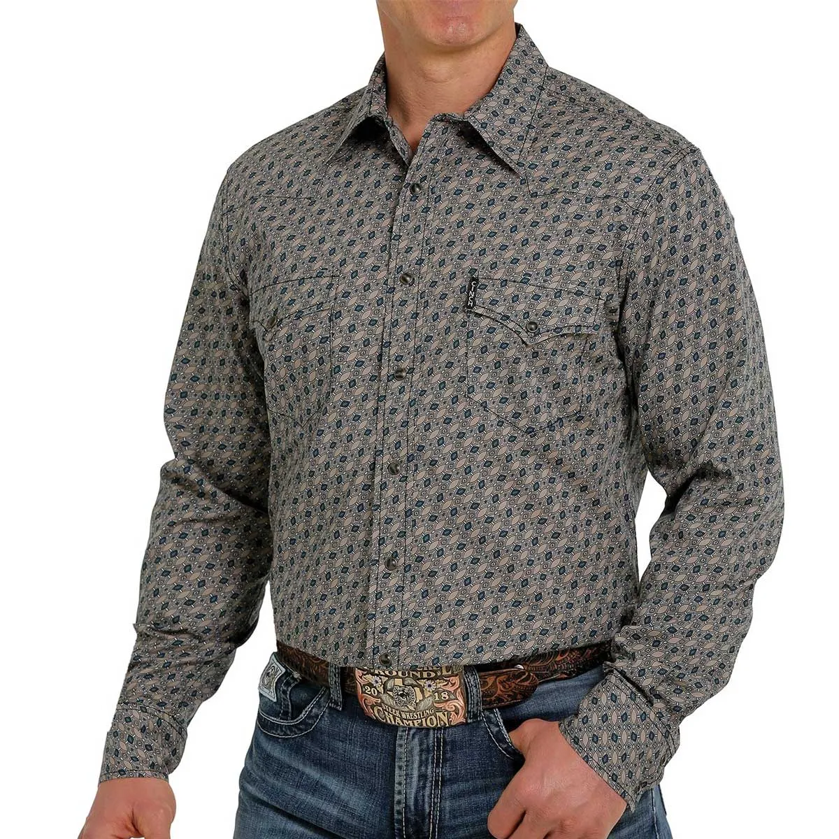 Cinch Jeans Men's Modern Fit Long Sleeve Shirt - Khaki/Teal/White