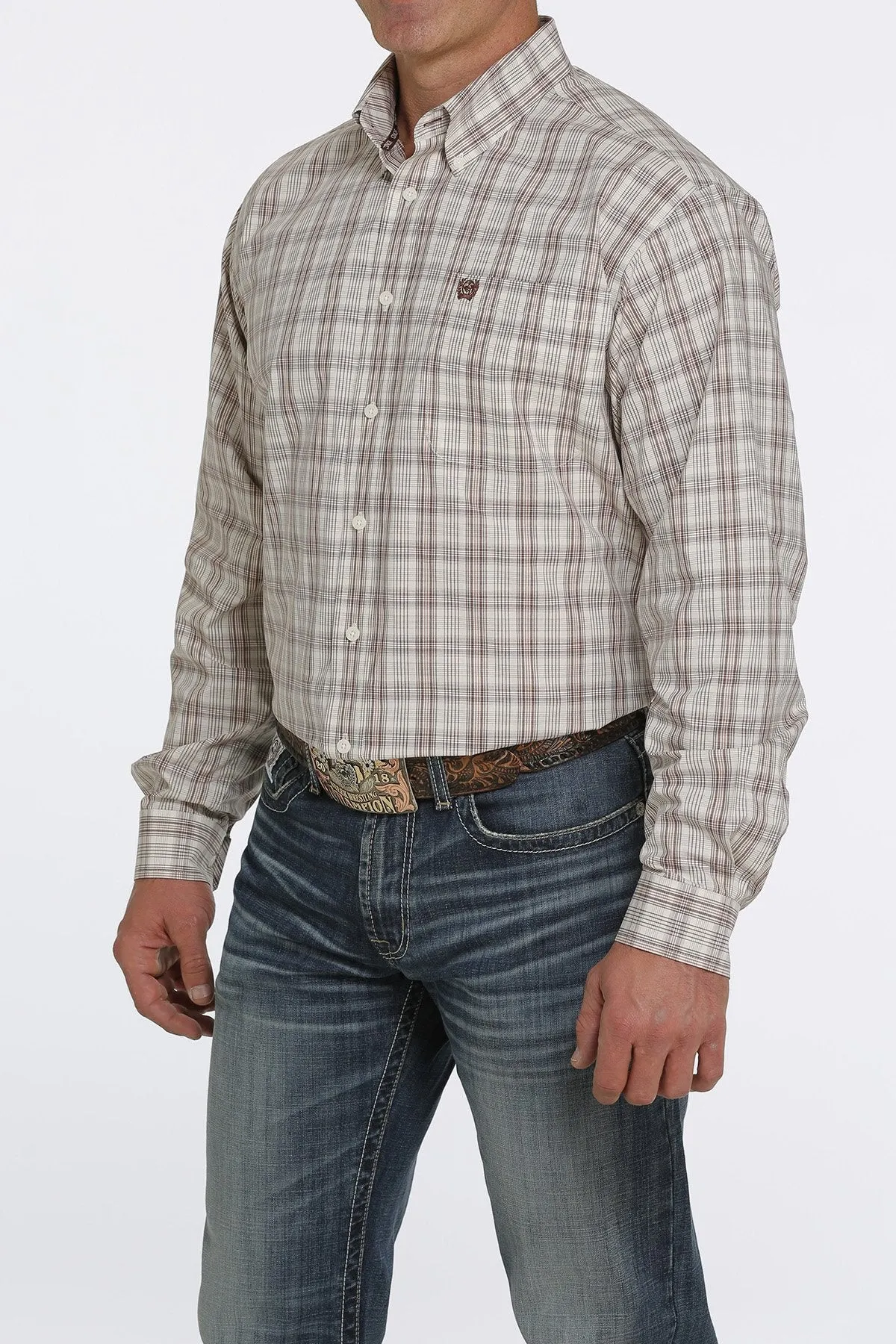 Cinch Men's Cream/Brown Plaid Print Button-Down Western Shirt