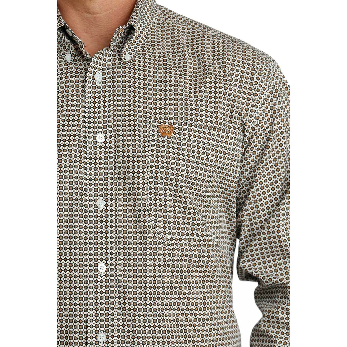 Cinch Men's Geometric Print Button Down Long Sleeve Shirt - White Gold