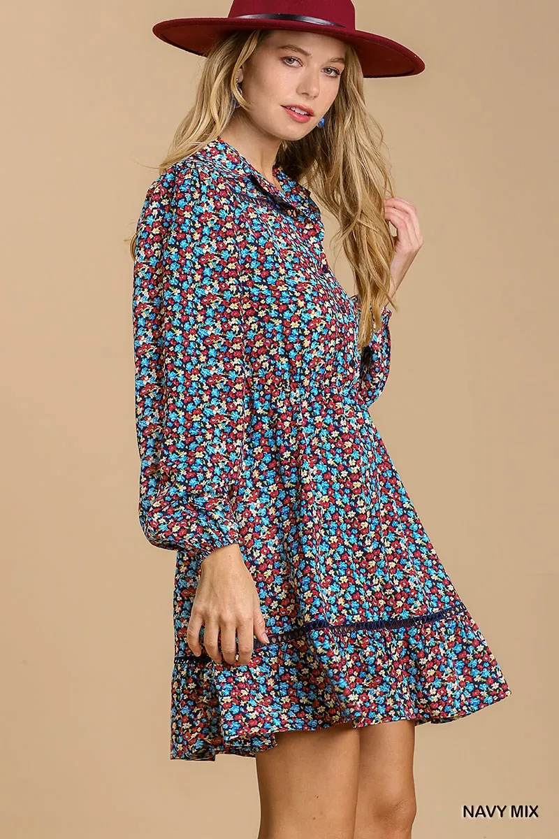 Collared neckline button down floral print dress with crochet trimmed details