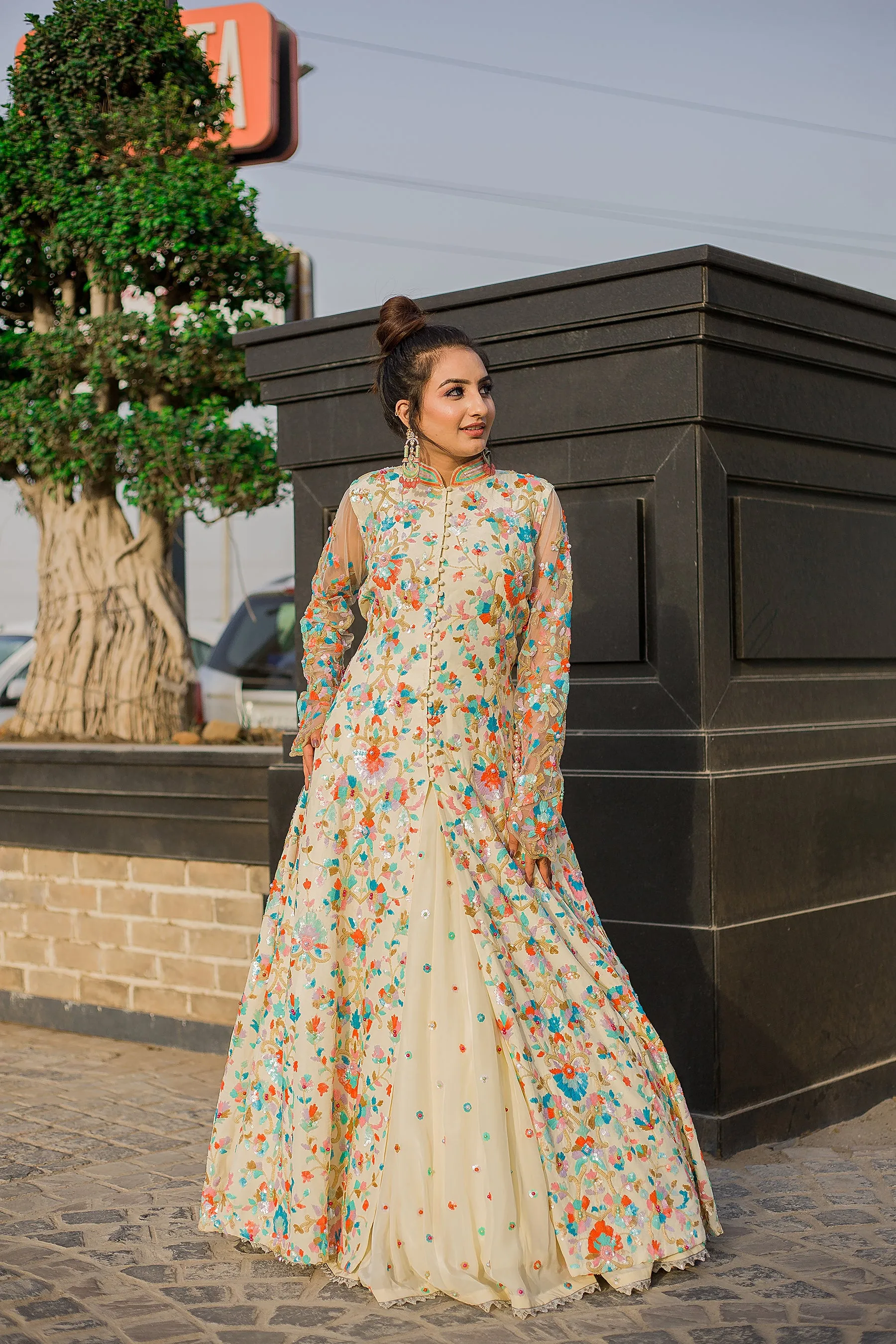 Cream Floral Buttoned-Down Anarkali