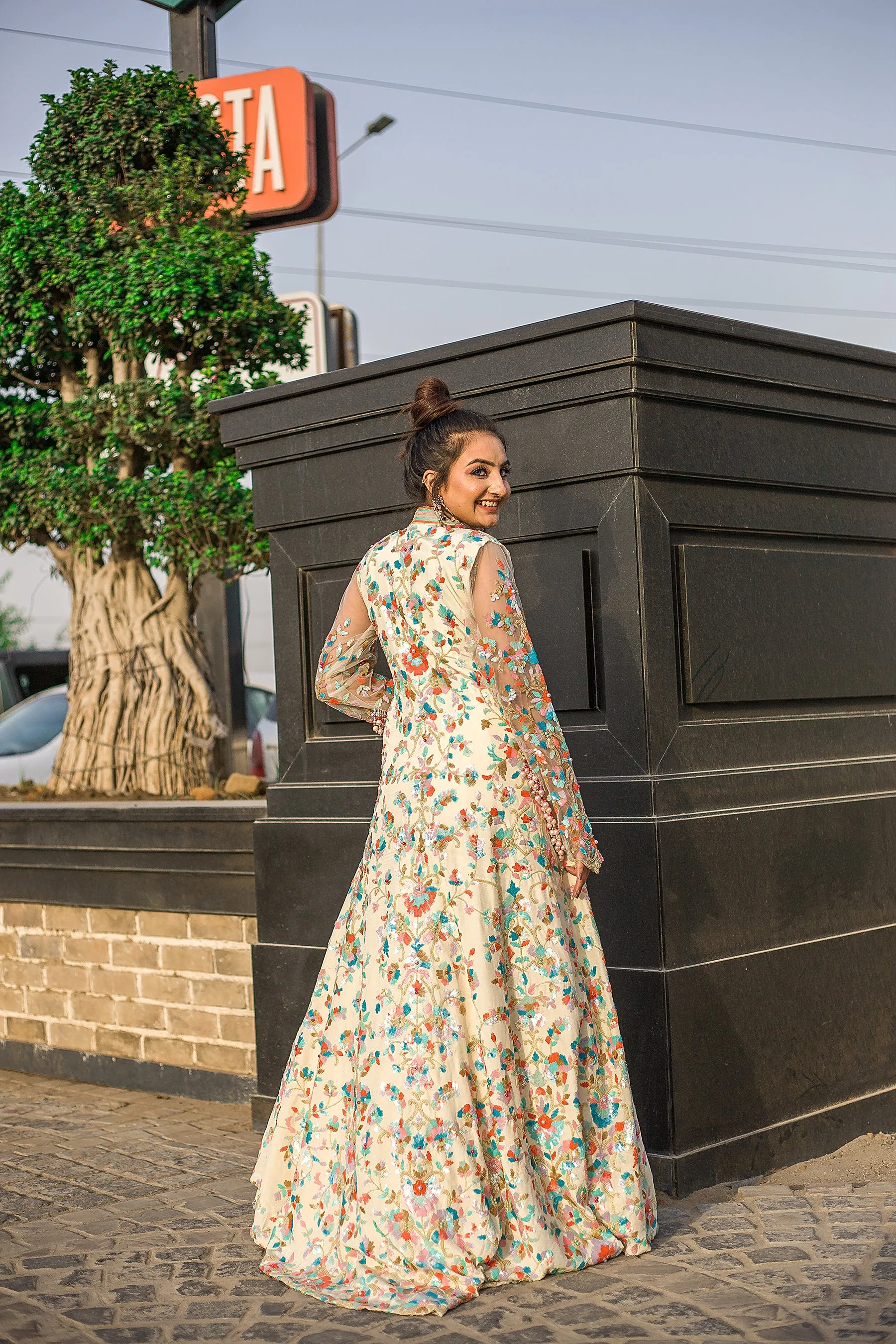 Cream Floral Buttoned-Down Anarkali