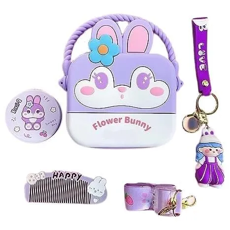 Cute Flower Bunny Combo For Kids With Mirror, Comb and Silicon Keychain - Lilac