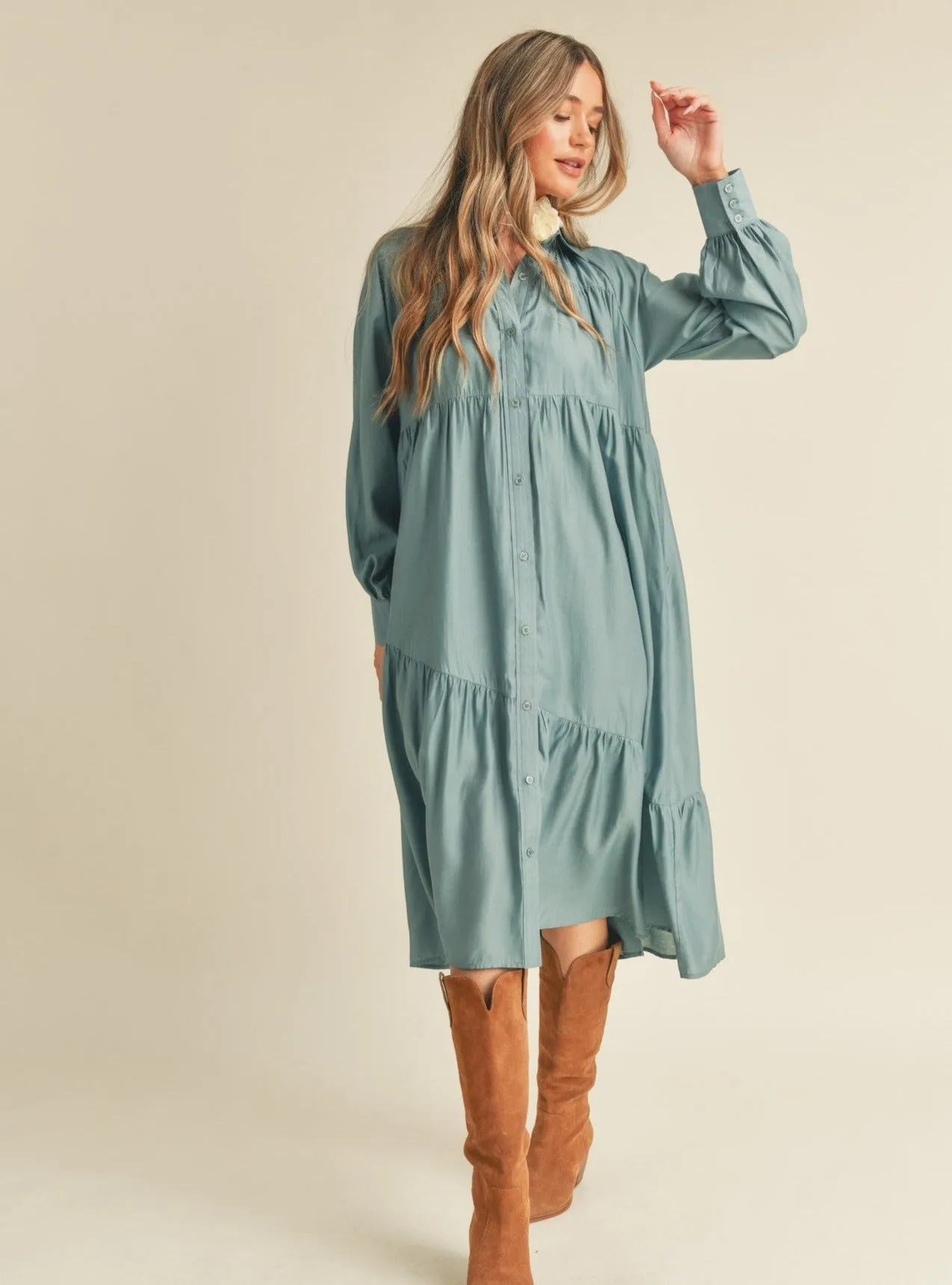 Dusty Blue Button Down Collared Tiered Midi Dress with Pockets