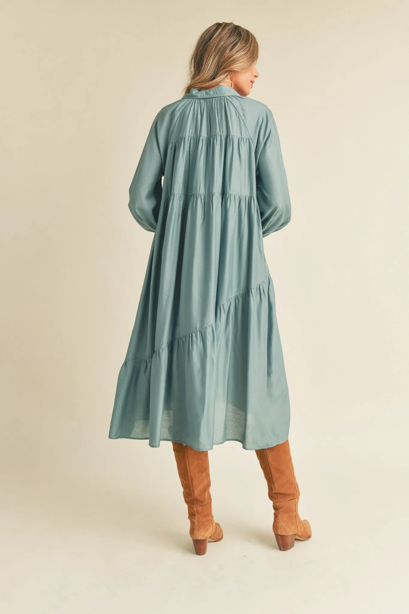 Dusty Blue Button Down Collared Tiered Midi Dress with Pockets